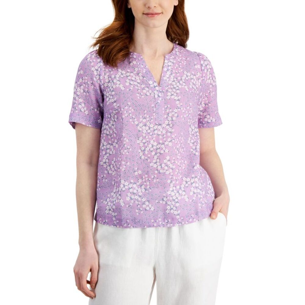 Charter Club Linen Floral-Print Split-Neck Top
